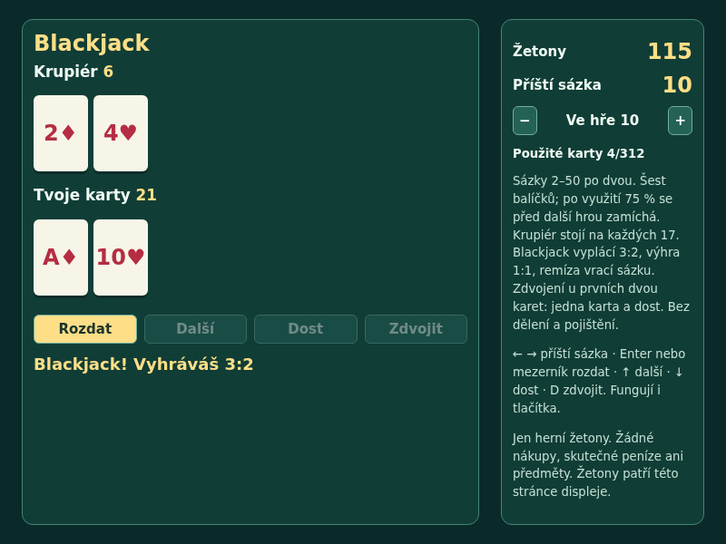 Snímek hry Blackjack