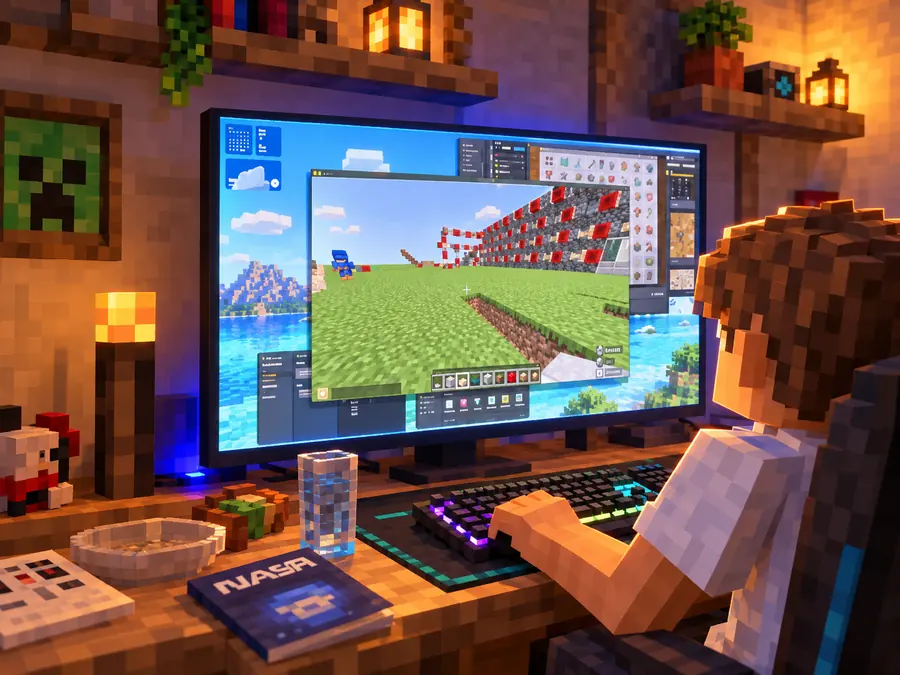 Karel Jr. at his desk, building in Minecraft on a big monitor