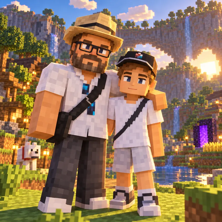 Karel and Karel – dad and his 13-year-old son – as Minecraft characters in front of a waterfall at sunset
